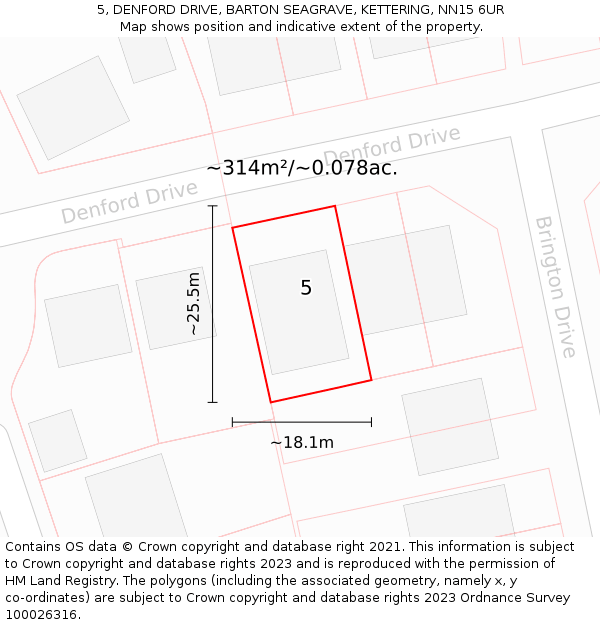 5, DENFORD DRIVE, BARTON SEAGRAVE, KETTERING, NN15 6UR: Plot and title map