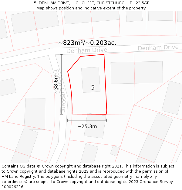 5, DENHAM DRIVE, HIGHCLIFFE, CHRISTCHURCH, BH23 5AT: Plot and title map