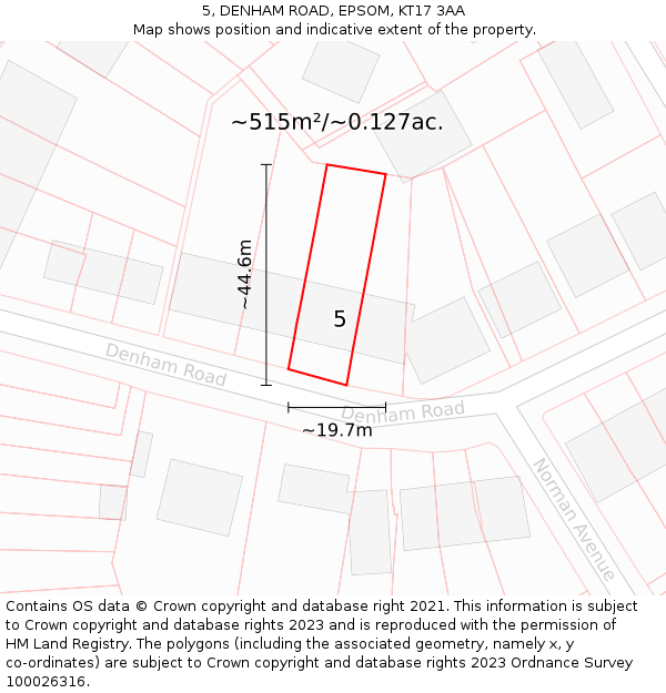 5, DENHAM ROAD, EPSOM, KT17 3AA: Plot and title map