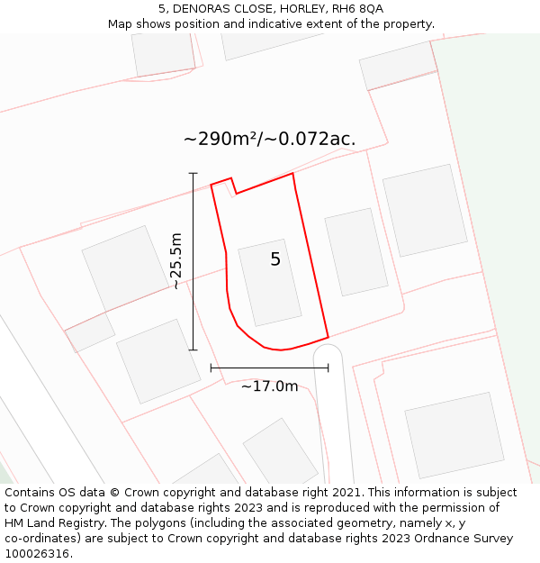 5, DENORAS CLOSE, HORLEY, RH6 8QA: Plot and title map