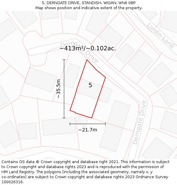 5, DERNGATE DRIVE, STANDISH, WIGAN, WN6 0BP: Plot and title map
