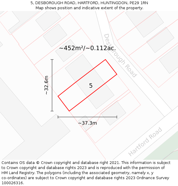 5, DESBOROUGH ROAD, HARTFORD, HUNTINGDON, PE29 1RN: Plot and title map