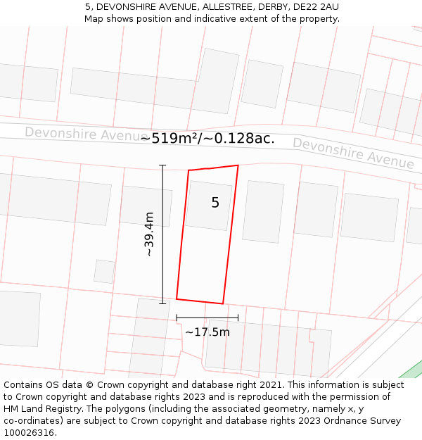 5, DEVONSHIRE AVENUE, ALLESTREE, DERBY, DE22 2AU: Plot and title map
