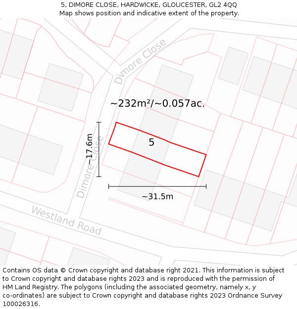 5, DIMORE CLOSE, HARDWICKE, GLOUCESTER, GL2 4QQ: Plot and title map