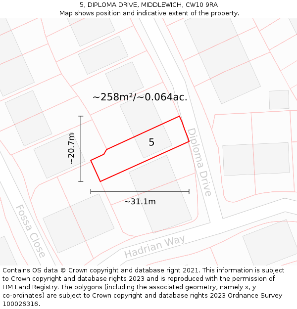5, DIPLOMA DRIVE, MIDDLEWICH, CW10 9RA: Plot and title map