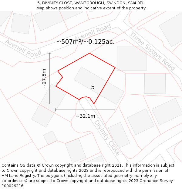 5, DIVINITY CLOSE, WANBOROUGH, SWINDON, SN4 0EH: Plot and title map