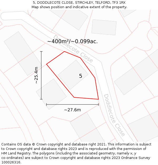 5, DODDLECOTE CLOSE, STIRCHLEY, TELFORD, TF3 1RX: Plot and title map
