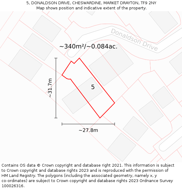 5, DONALDSON DRIVE, CHESWARDINE, MARKET DRAYTON, TF9 2NY: Plot and title map