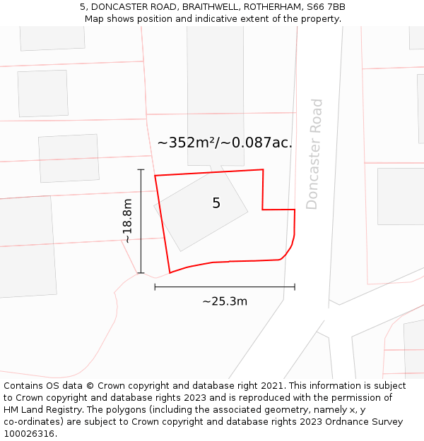 5, DONCASTER ROAD, BRAITHWELL, ROTHERHAM, S66 7BB: Plot and title map
