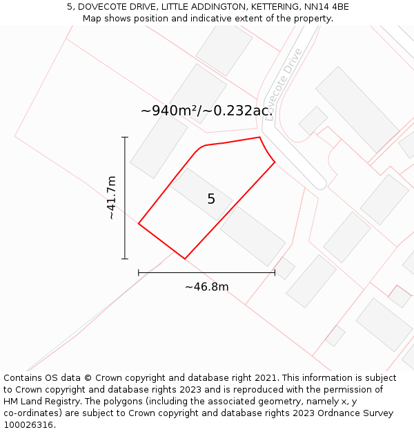 5, DOVECOTE DRIVE, LITTLE ADDINGTON, KETTERING, NN14 4BE: Plot and title map