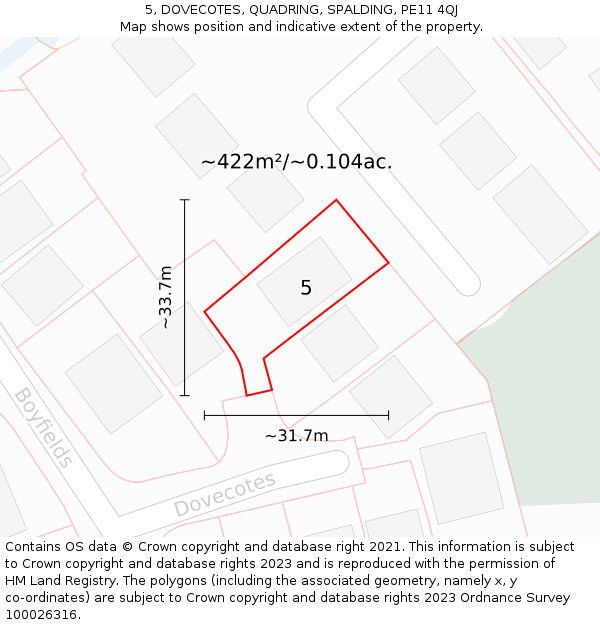5, DOVECOTES, QUADRING, SPALDING, PE11 4QJ: Plot and title map