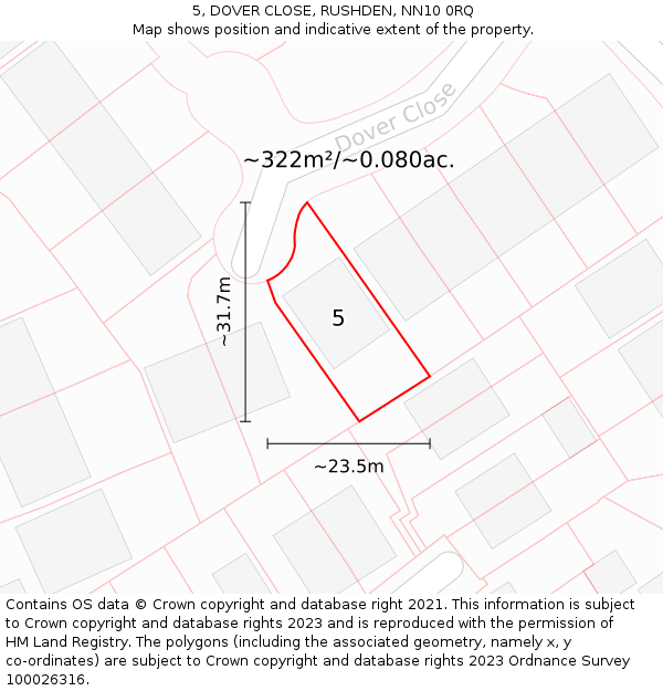 5, DOVER CLOSE, RUSHDEN, NN10 0RQ: Plot and title map