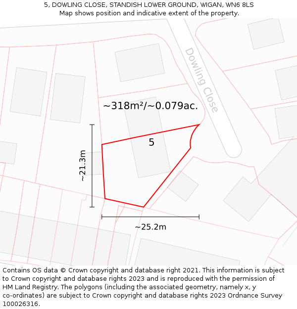 5, DOWLING CLOSE, STANDISH LOWER GROUND, WIGAN, WN6 8LS: Plot and title map