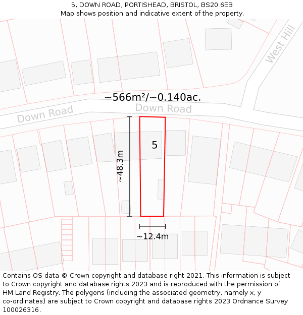 5, DOWN ROAD, PORTISHEAD, BRISTOL, BS20 6EB: Plot and title map
