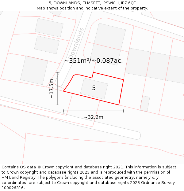 5, DOWNLANDS, ELMSETT, IPSWICH, IP7 6QF: Plot and title map