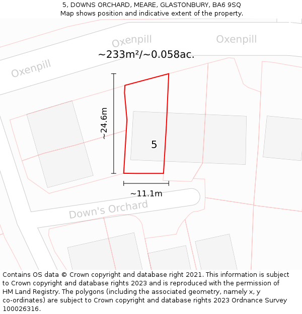 5, DOWNS ORCHARD, MEARE, GLASTONBURY, BA6 9SQ: Plot and title map
