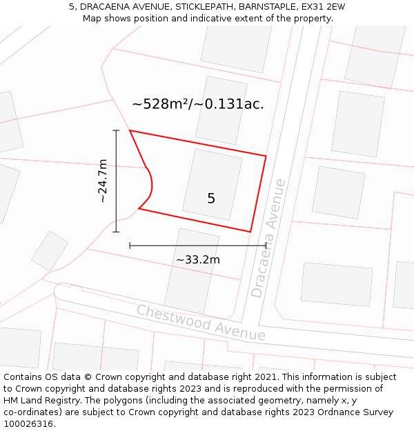 5, DRACAENA AVENUE, STICKLEPATH, BARNSTAPLE, EX31 2EW: Plot and title map