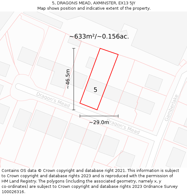 5, DRAGONS MEAD, AXMINSTER, EX13 5JY: Plot and title map