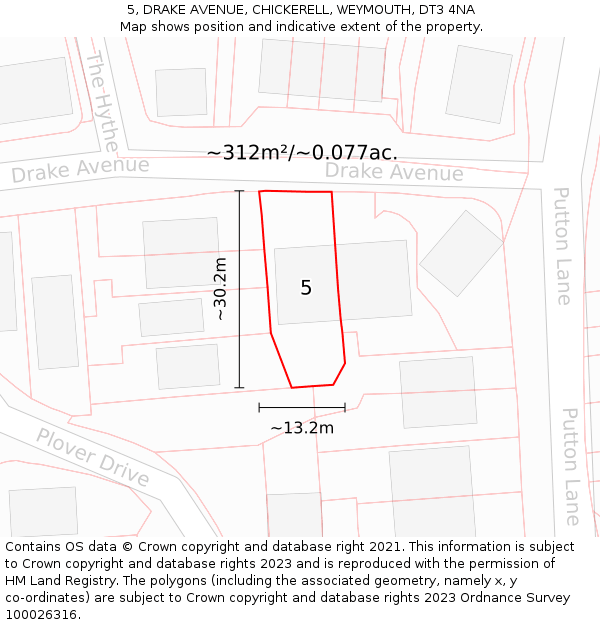 5, DRAKE AVENUE, CHICKERELL, WEYMOUTH, DT3 4NA: Plot and title map