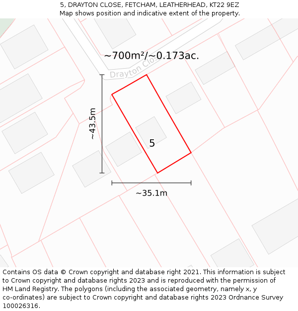 5, DRAYTON CLOSE, FETCHAM, LEATHERHEAD, KT22 9EZ: Plot and title map