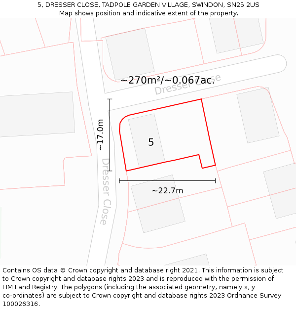 5, DRESSER CLOSE, TADPOLE GARDEN VILLAGE, SWINDON, SN25 2US: Plot and title map