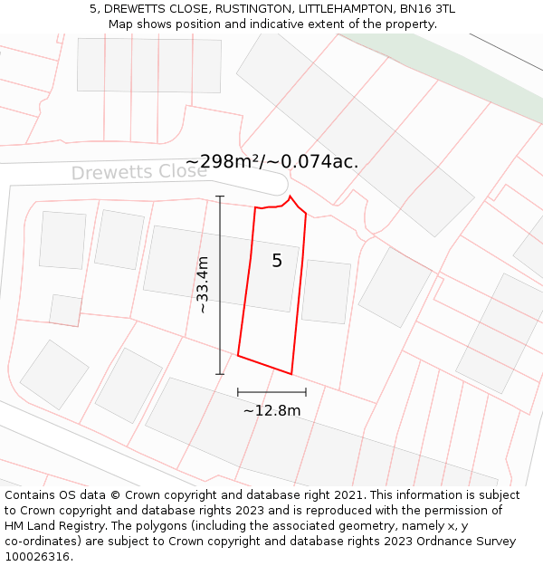 5, DREWETTS CLOSE, RUSTINGTON, LITTLEHAMPTON, BN16 3TL: Plot and title map