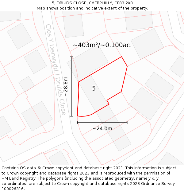 5, DRUIDS CLOSE, CAERPHILLY, CF83 2XR: Plot and title map
