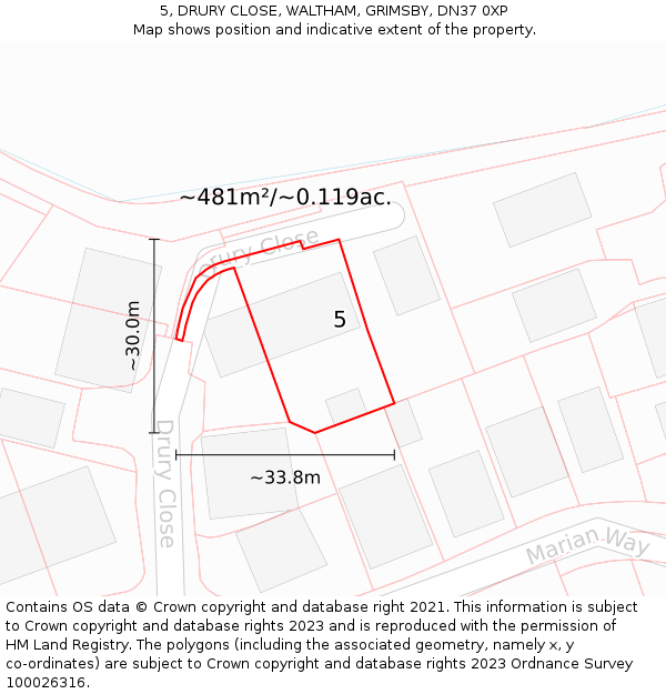 5, DRURY CLOSE, WALTHAM, GRIMSBY, DN37 0XP: Plot and title map