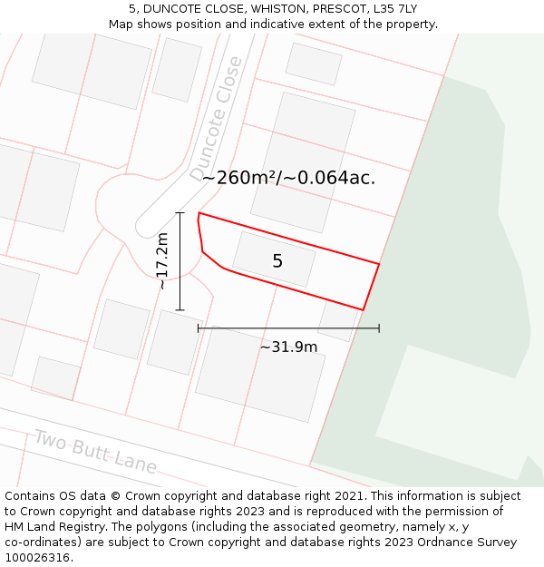 5, DUNCOTE CLOSE, WHISTON, PRESCOT, L35 7LY: Plot and title map