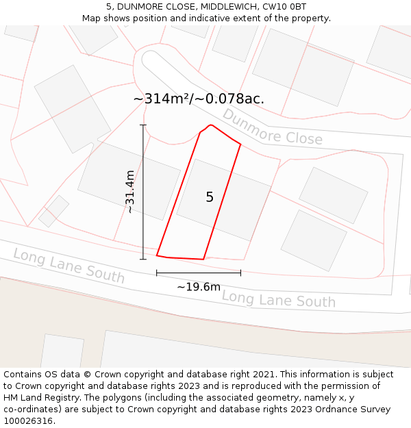 5, DUNMORE CLOSE, MIDDLEWICH, CW10 0BT: Plot and title map