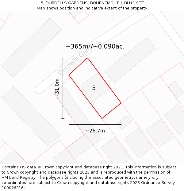 5, DURDELLS GARDENS, BOURNEMOUTH, BH11 9EZ: Plot and title map