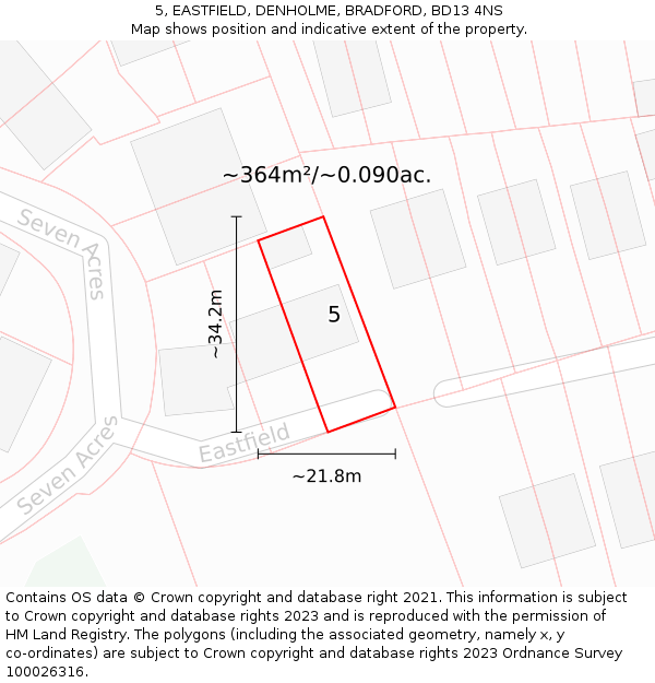 5, EASTFIELD, DENHOLME, BRADFORD, BD13 4NS: Plot and title map