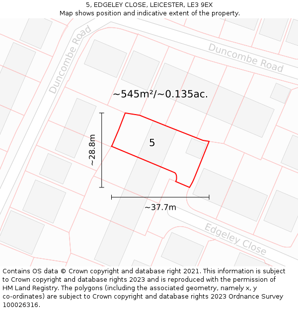 5, EDGELEY CLOSE, LEICESTER, LE3 9EX: Plot and title map