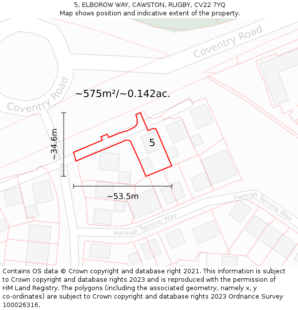 5, ELBOROW WAY, CAWSTON, RUGBY, CV22 7YQ: Plot and title map