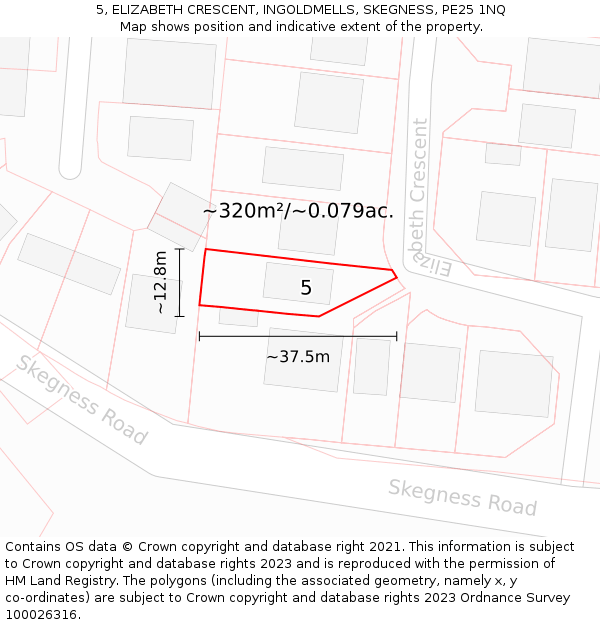 5, ELIZABETH CRESCENT, INGOLDMELLS, SKEGNESS, PE25 1NQ: Plot and title map