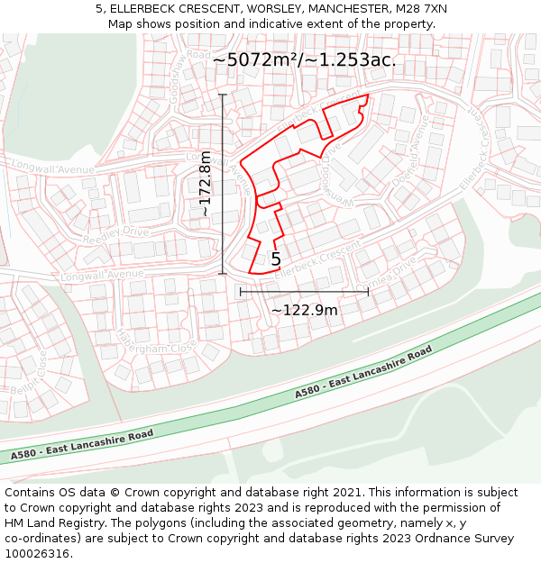 5, ELLERBECK CRESCENT, WORSLEY, MANCHESTER, M28 7XN: Plot and title map