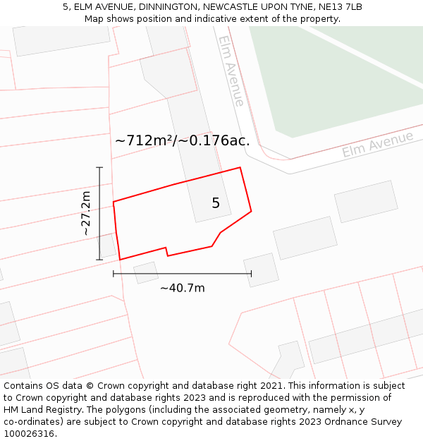 5, ELM AVENUE, DINNINGTON, NEWCASTLE UPON TYNE, NE13 7LB: Plot and title map