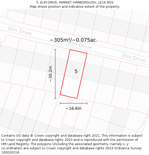 5, ELM DRIVE, MARKET HARBOROUGH, LE16 9DS: Plot and title map