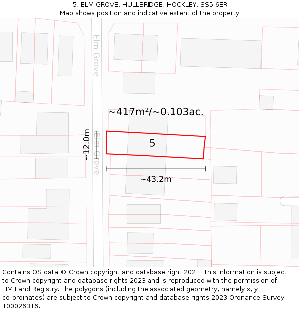 5, ELM GROVE, HULLBRIDGE, HOCKLEY, SS5 6ER: Plot and title map