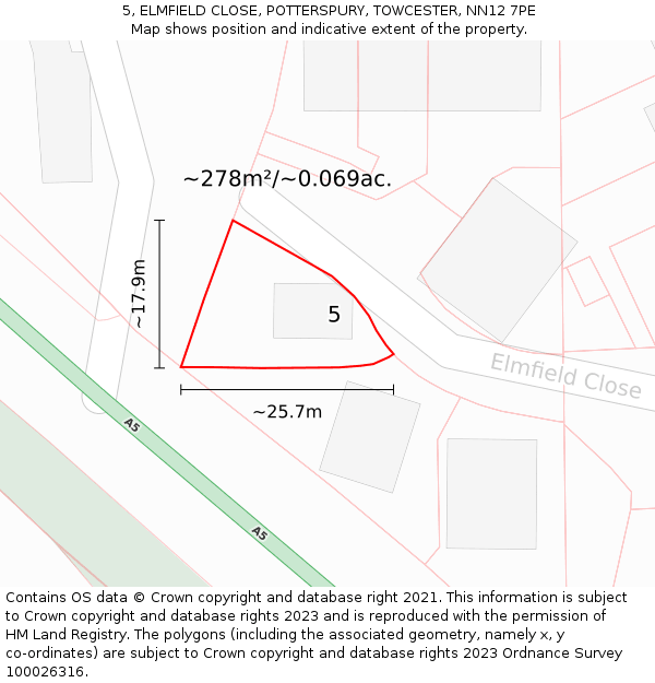 5, ELMFIELD CLOSE, POTTERSPURY, TOWCESTER, NN12 7PE: Plot and title map