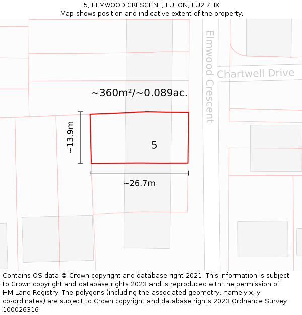 5, ELMWOOD CRESCENT, LUTON, LU2 7HX: Plot and title map