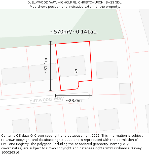 5, ELMWOOD WAY, HIGHCLIFFE, CHRISTCHURCH, BH23 5DL: Plot and title map