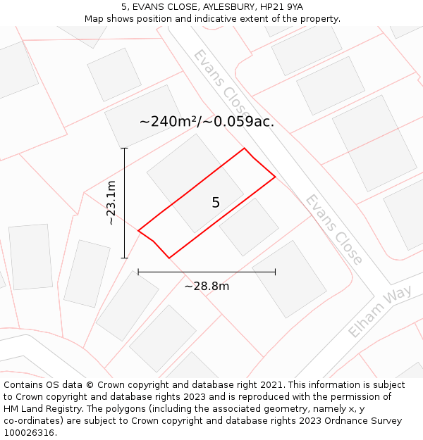 5, EVANS CLOSE, AYLESBURY, HP21 9YA: Plot and title map