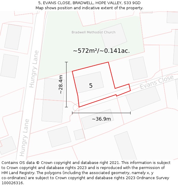 5, EVANS CLOSE, BRADWELL, HOPE VALLEY, S33 9GD: Plot and title map
