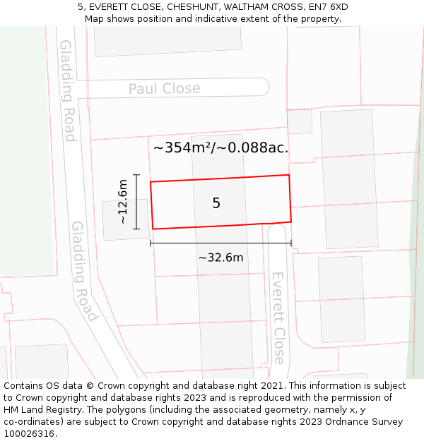 5, EVERETT CLOSE, CHESHUNT, WALTHAM CROSS, EN7 6XD: Plot and title map