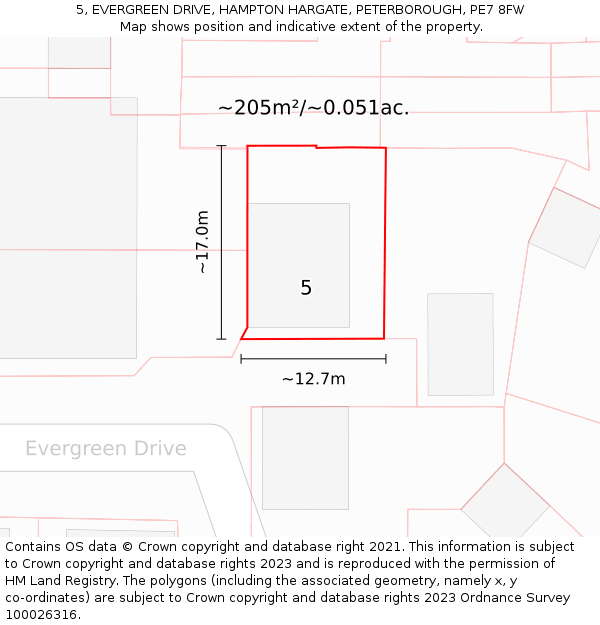 5, EVERGREEN DRIVE, HAMPTON HARGATE, PETERBOROUGH, PE7 8FW: Plot and title map