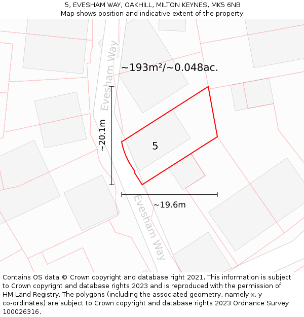 5, EVESHAM WAY, OAKHILL, MILTON KEYNES, MK5 6NB: Plot and title map