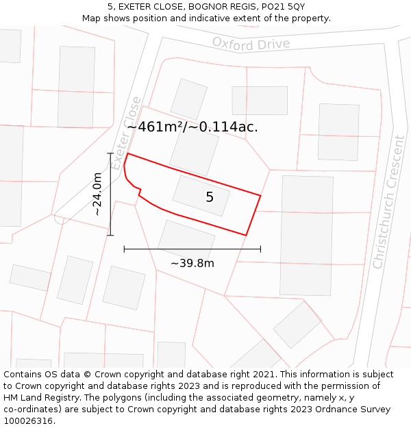 5, EXETER CLOSE, BOGNOR REGIS, PO21 5QY: Plot and title map