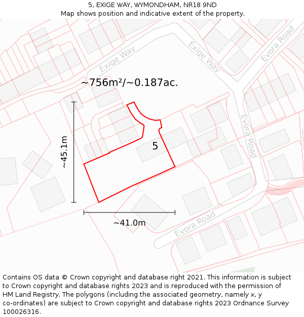 5, EXIGE WAY, WYMONDHAM, NR18 9ND: Plot and title map