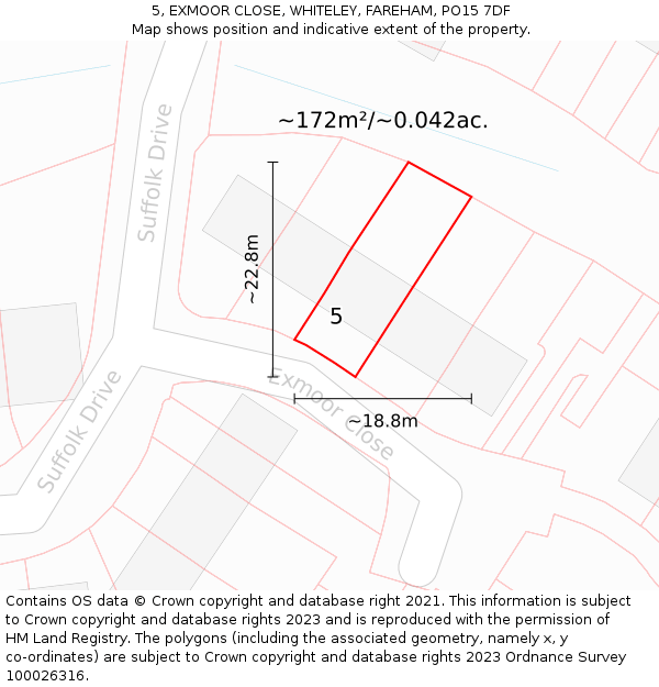 5, EXMOOR CLOSE, WHITELEY, FAREHAM, PO15 7DF: Plot and title map